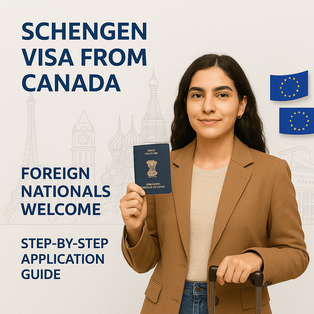 A confident young woman holding an Indian passport and a suitcase, standing in front of European landmarks and EU flags, with the text "Schengen Visa from Canada – For Foreign Nationals – Step-by-Step Application Guide" displayed beside her.