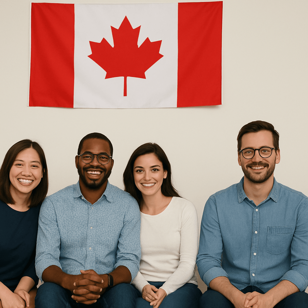 A diverse group of four smiling individuals sitting together in front of a Canadian flag, symbolizing multiculturalism and unity in Canada