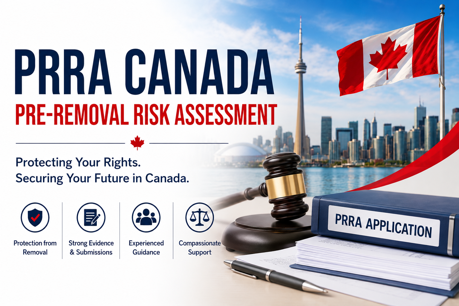 PRRA Canada (Pre-Removal Risk Assessment) featured image showing a Canadian flag, Toronto skyline, judge’s gavel, and PRRA application binder, with the headline “PRRA Canada – Pre-Removal Risk Assessment” and icons representing protection from removal, strong evidence, experienced guidance, and compassionate support.